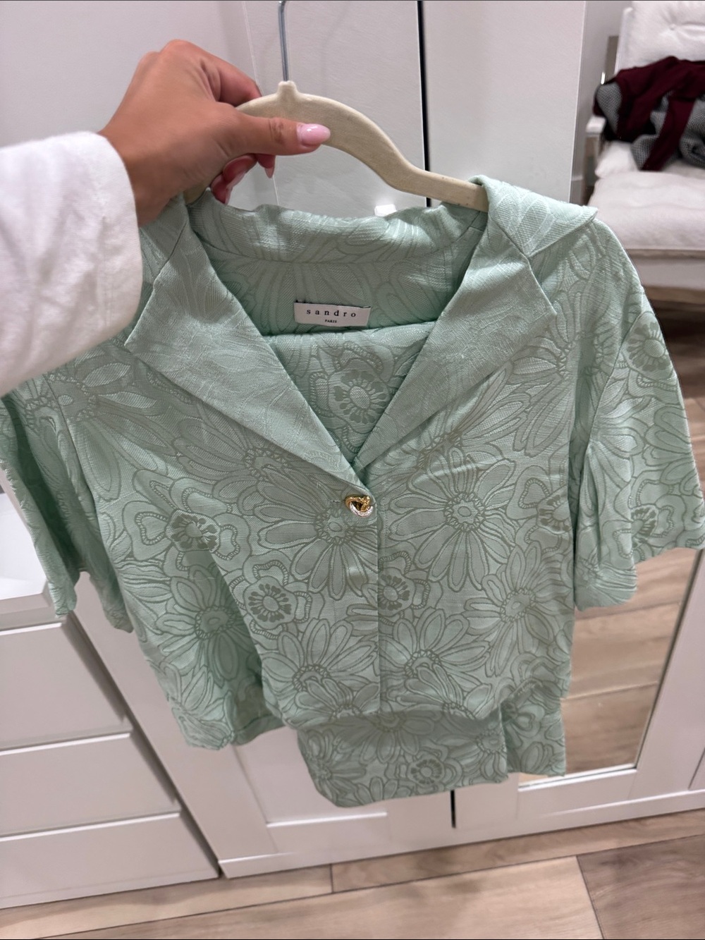 Sandro Mint Green Floral Jacquard Button-Down Top and pants SET